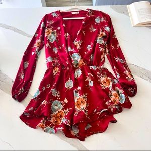 Satin romper revolve small dark red floral